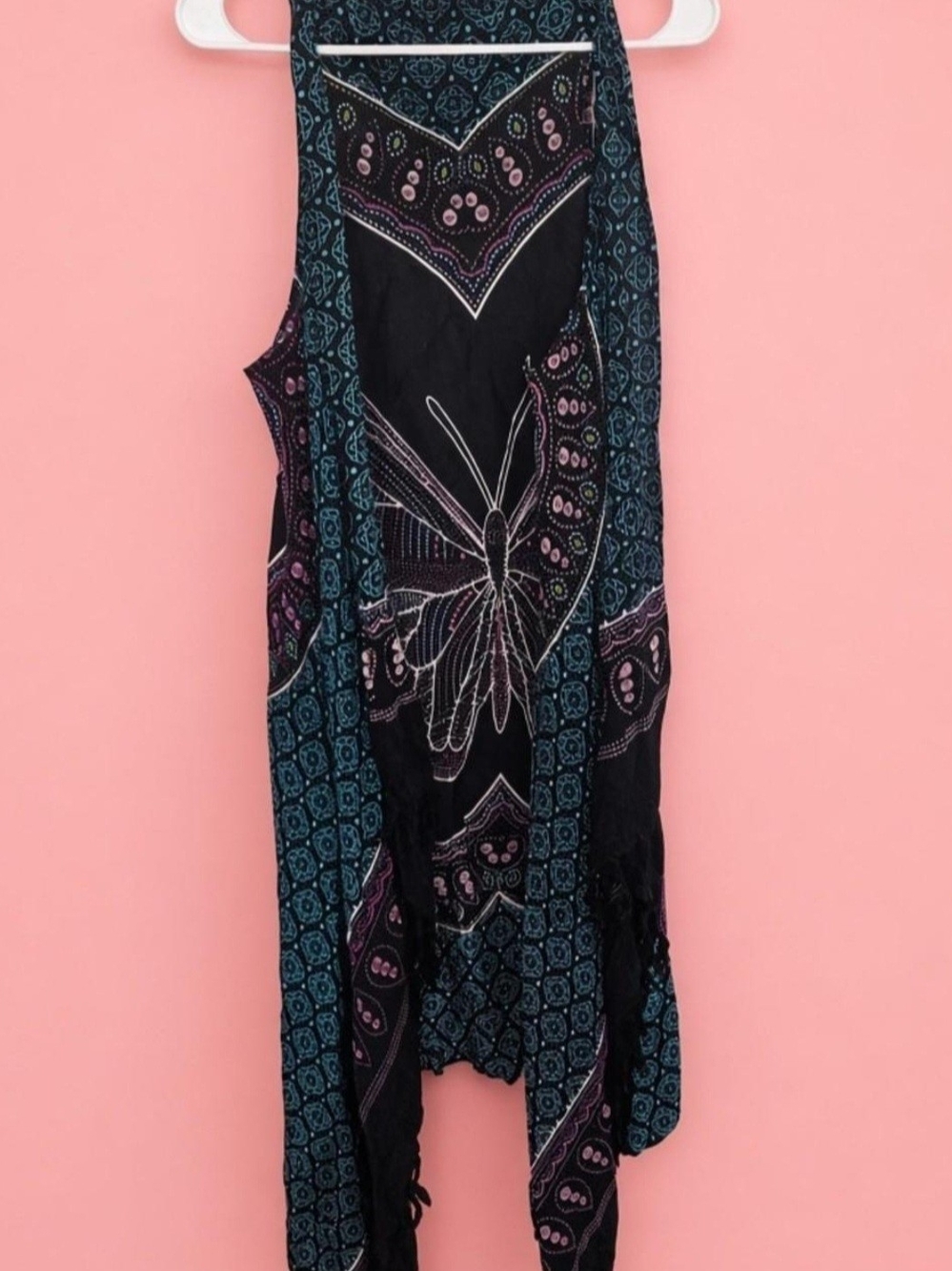 Boho Butterfly Sleeveless Duster - Black with Teal & Pink Print